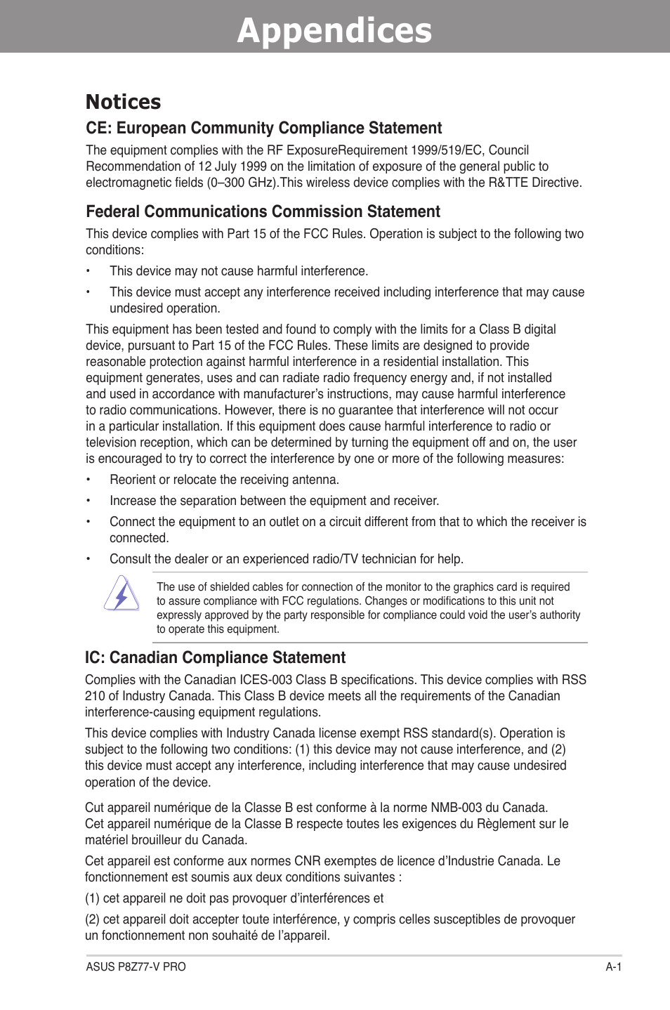 Appendices, Notices, Ap pendices | Ce: european community compliance statement, Federal communications commission statement, Ic: canadian compliance statement | Asus P8Z77-V PRO/THUNDERBOLT User Manual | Page 159 / 164