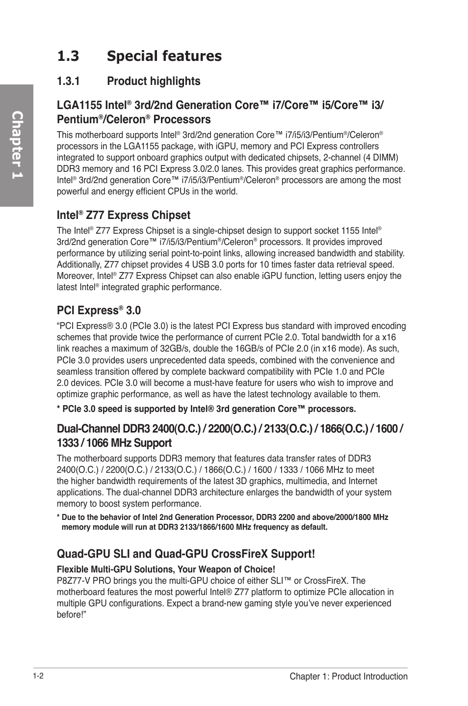 3 special features, 1 product highlights, Special features -2 1.3.1 | Product highlights -2, Chapter 1 1.3 special features, Celeron, Processors, Intel, Z77 express chipset, Pci express | Asus P8Z77-V PRO/THUNDERBOLT User Manual | Page 16 / 164