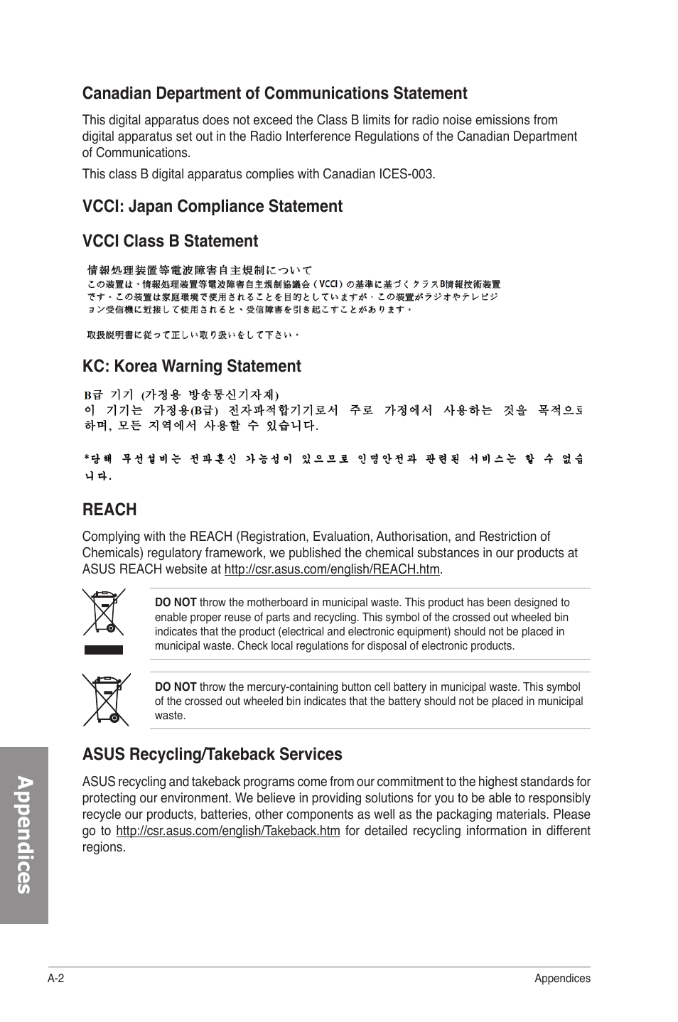 Ap pendices, Reach, Asus recycling/takeback services | Asus P8Z77-V PRO/THUNDERBOLT User Manual | Page 160 / 164