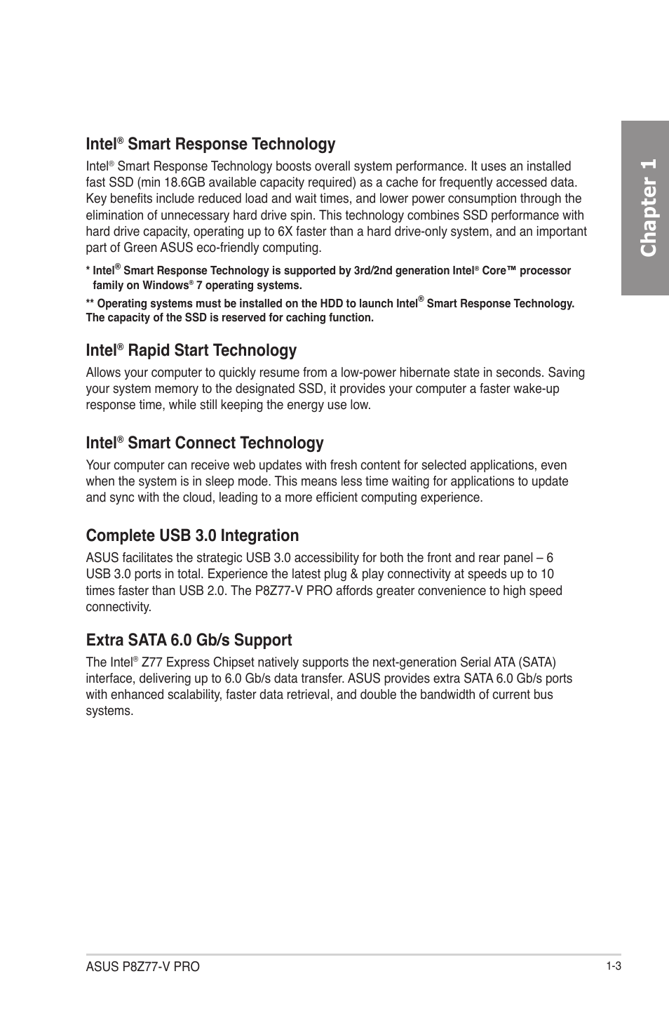 Chapter 1, Intel, Smart response technology | Rapid start technology, Smart connect technology, Complete usb 3.0 integration, Extra sata 6.0 gb/s support | Asus P8Z77-V PRO/THUNDERBOLT User Manual | Page 17 / 164