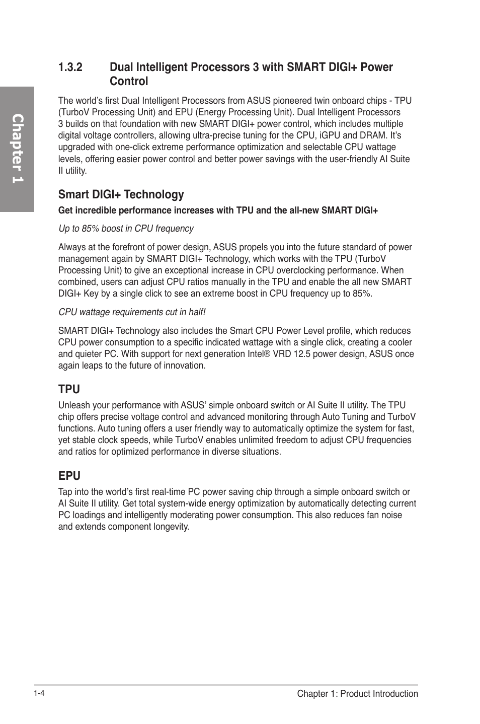 Chapter 1, Smart digi+ technology | Asus P8Z77-V PRO/THUNDERBOLT User Manual | Page 18 / 164