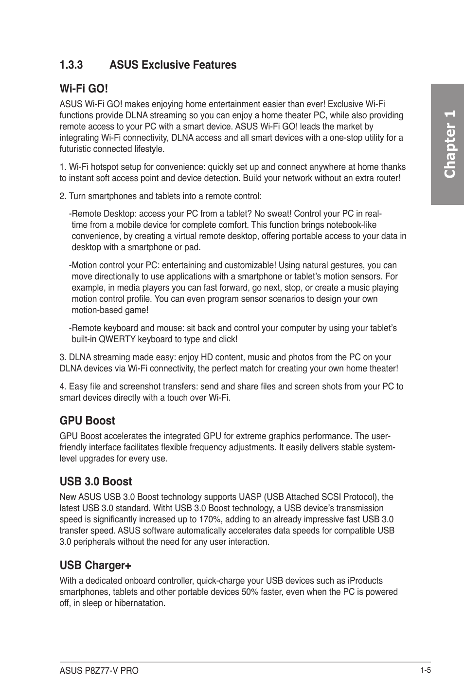 3 asus exclusive features, Asus exclusive features -5, Chapter 1 | 3 asus exclusive features wi-fi go, Gpu boost, Usb 3.0 boost, Usb charger | Asus P8Z77-V PRO/THUNDERBOLT User Manual | Page 19 / 164