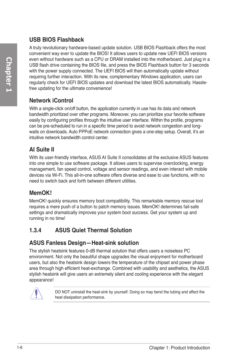 4 asus quiet thermal solution, Asus quiet thermal solution -6, Chapter 1 | Usb bios flashback, Network icontrol, Ai suite ii | Asus P8Z77-V PRO/THUNDERBOLT User Manual | Page 20 / 164