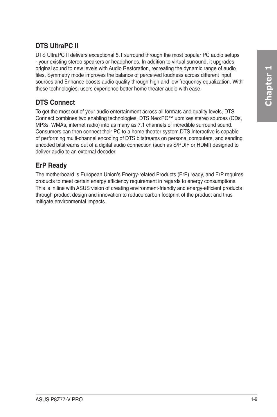 Chapter 1, Dts ultrapc ii, Dts connect | Erp ready | Asus P8Z77-V PRO/THUNDERBOLT User Manual | Page 23 / 164