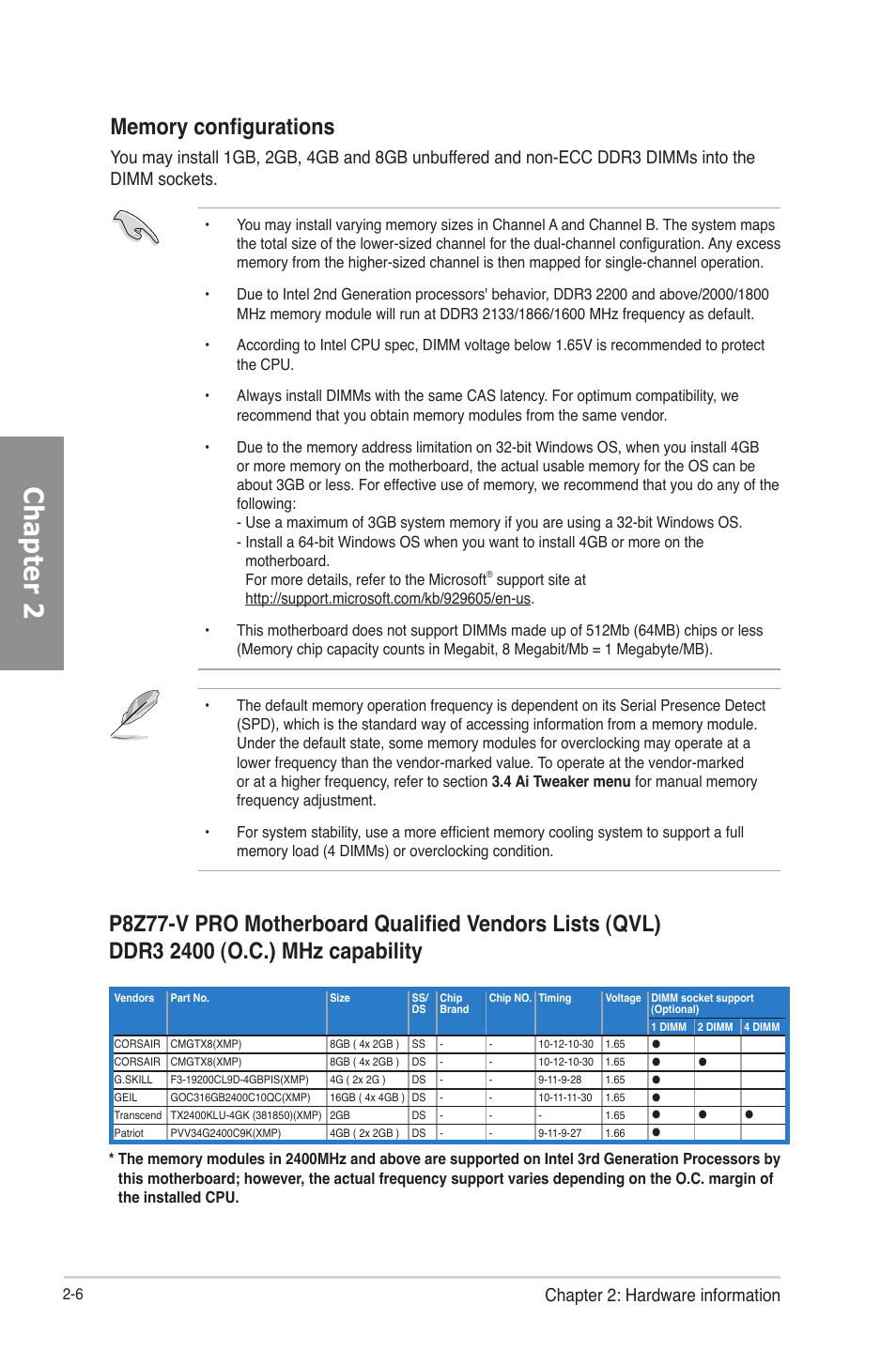 Chapter 2, Chapter 2: hardware information | Asus P8Z77-V PRO/THUNDERBOLT User Manual | Page 30 / 164