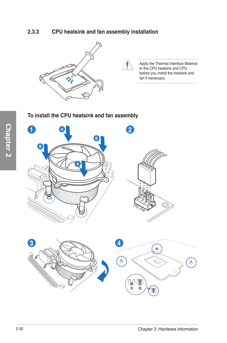 3 cpu heatsink and fan assembly installation, Cpu heatsink and fan assembly installation -30, Chapter 2 | Asus P8Z77-V PRO/THUNDERBOLT User Manual | Page 54 / 164