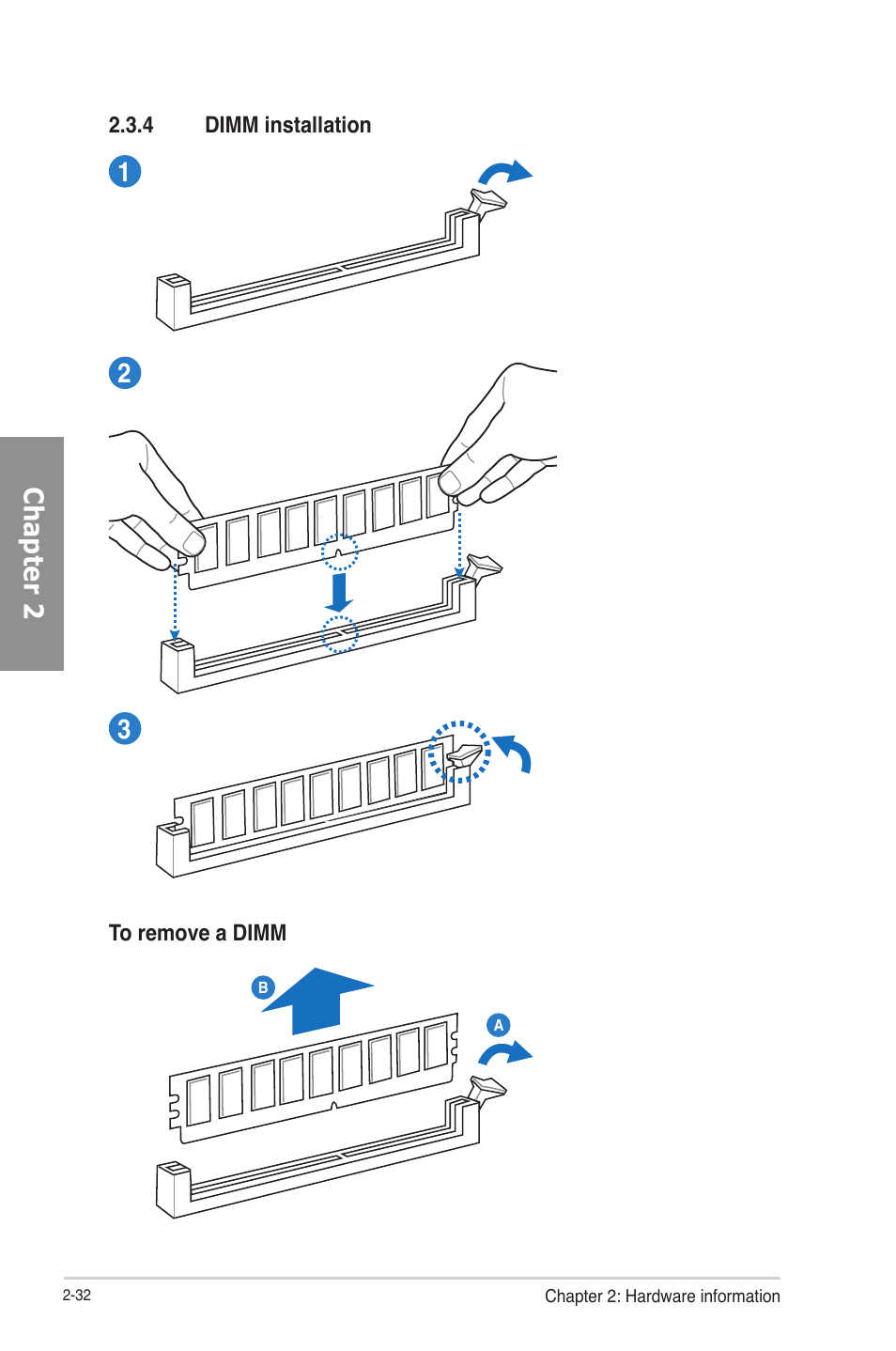 4 dimm installation, Dimm installation -32, Chapter 2 1 2 3 | Asus P8Z77-V PRO/THUNDERBOLT User Manual | Page 56 / 164