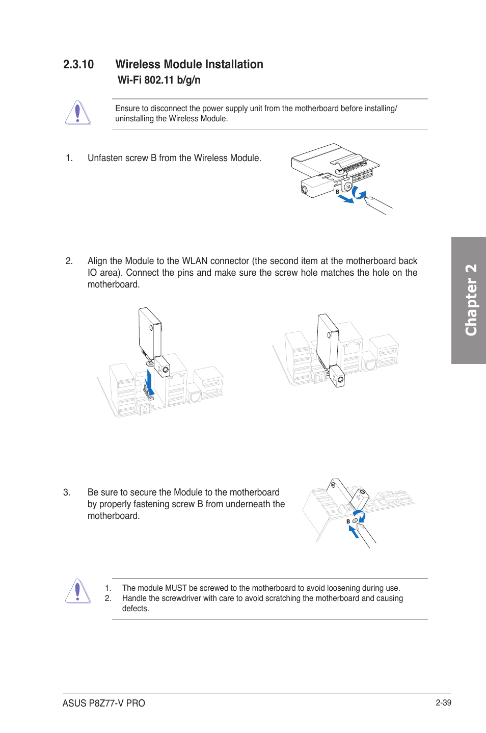 10 wireless module installation, Wireless module installation -39, Chapter 2 | Asus p8z77-v pro | Asus P8Z77-V PRO/THUNDERBOLT User Manual | Page 63 / 164