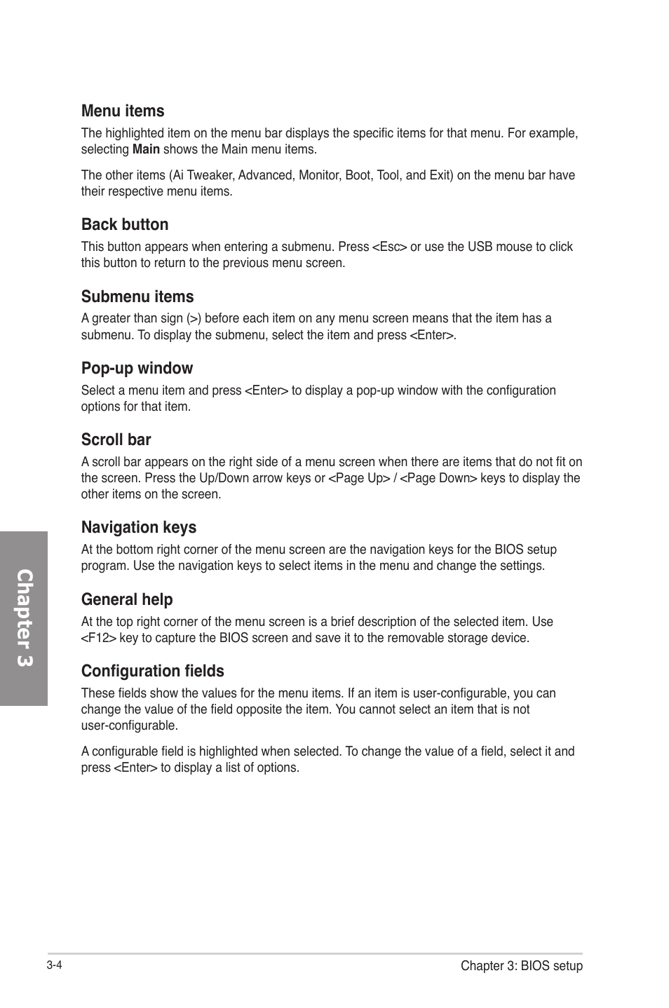Chapter 3, Menu items, Back button | Submenu items, Pop-up window, Scroll bar, Navigation keys, General help, Configuration fields | Asus P8Z77-V PRO/THUNDERBOLT User Manual | Page 76 / 164