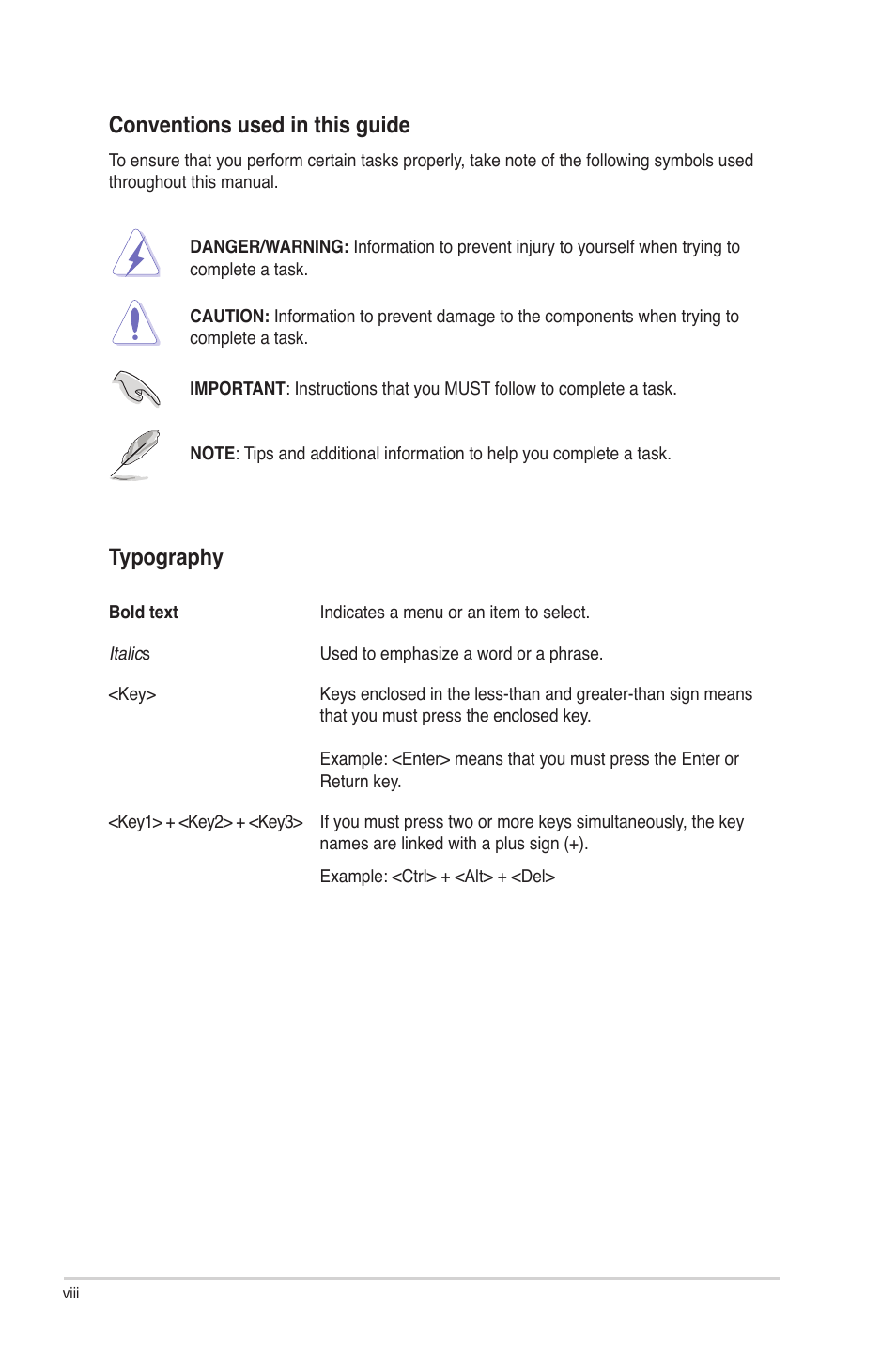 Conventions used in this guide, Typography | Asus P8Z77-V PRO/THUNDERBOLT User Manual | Page 8 / 164