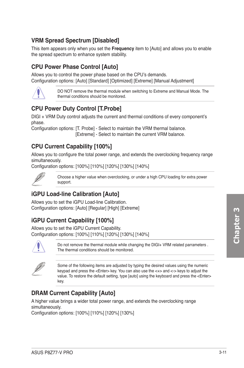 Chapter 3, Vrm spread spectrum [disabled, Cpu power phase control [auto | Cpu power duty control [t.probe, Cpu current capability [100, Igpu load-line calibration [auto, Igpu current capability [100, Dram current capability [auto | Asus P8Z77-V PRO/THUNDERBOLT User Manual | Page 83 / 164