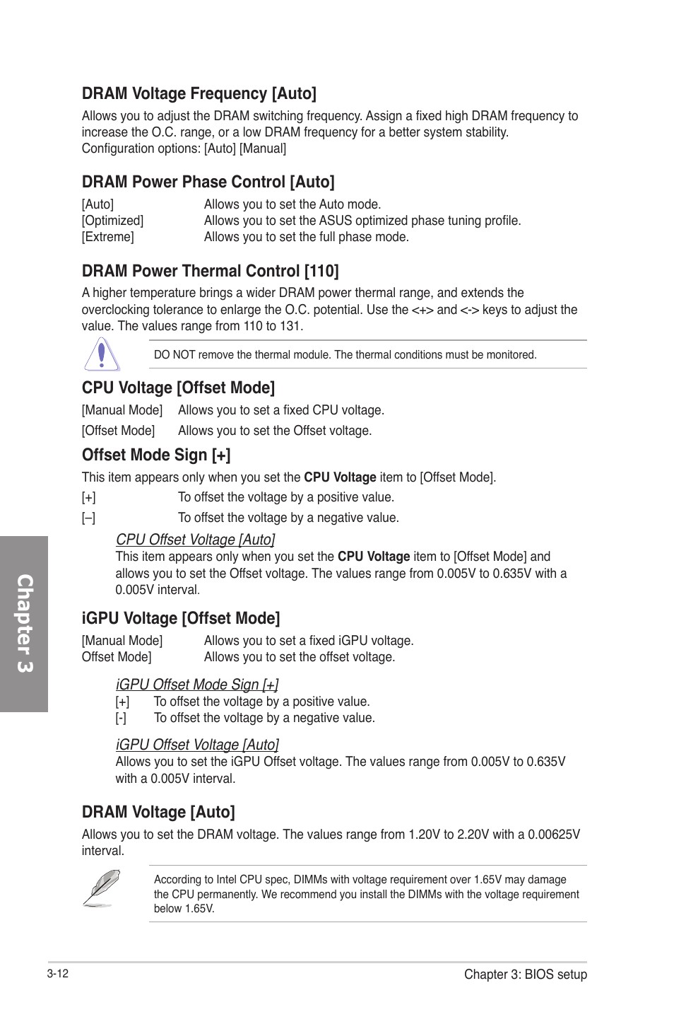 Chapter 3, Dram voltage frequency [auto, Dram power phase control [auto | Dram power thermal control [110, Cpu voltage [offset mode, Offset mode sign, Igpu voltage [offset mode, Dram voltage [auto | Asus P8Z77-V PRO/THUNDERBOLT User Manual | Page 84 / 164