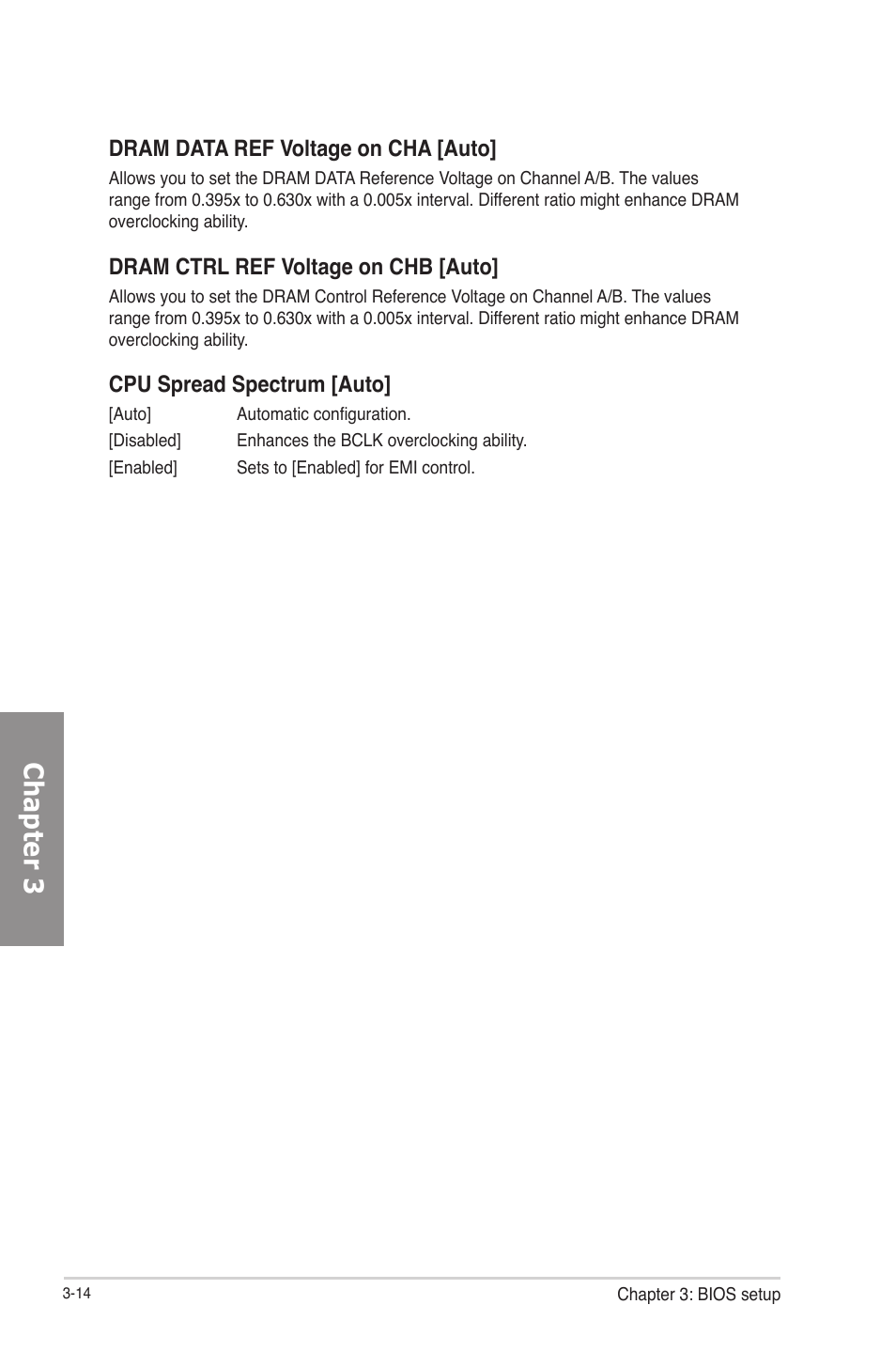 Chapter 3, Dram data ref voltage on cha [auto, Dram ctrl ref voltage on chb [auto | Cpu spread spectrum [auto | Asus P8Z77-V PRO/THUNDERBOLT User Manual | Page 86 / 164