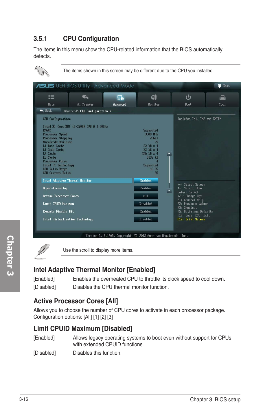 1 cpu configuration, Cpu configuration -16, Chapter 3 | Intel adaptive thermal monitor [enabled, Active processor cores [all, Limit cpuid maximum [disabled | Asus P8Z77-V PRO/THUNDERBOLT User Manual | Page 88 / 164