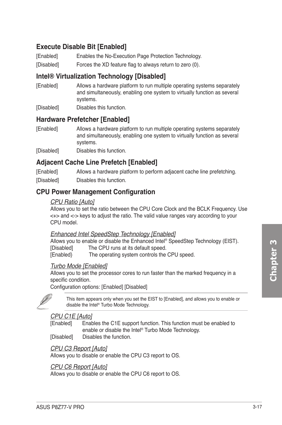 Chapter 3, Execute disable bit [enabled, Intel® virtualization technology [disabled | Hardware prefetcher [enabled, Adjacent cache line prefetch [enabled, Cpu power management configuration | Asus P8Z77-V PRO/THUNDERBOLT User Manual | Page 89 / 164