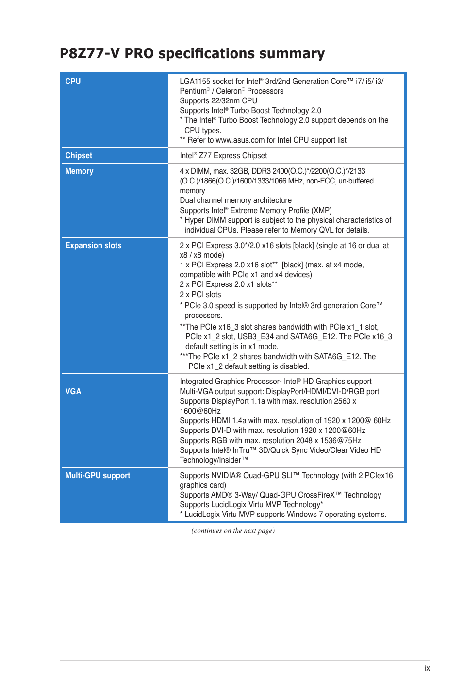 P8z77-v pro specifications summary | Asus P8Z77-V PRO/THUNDERBOLT User Manual | Page 9 / 164