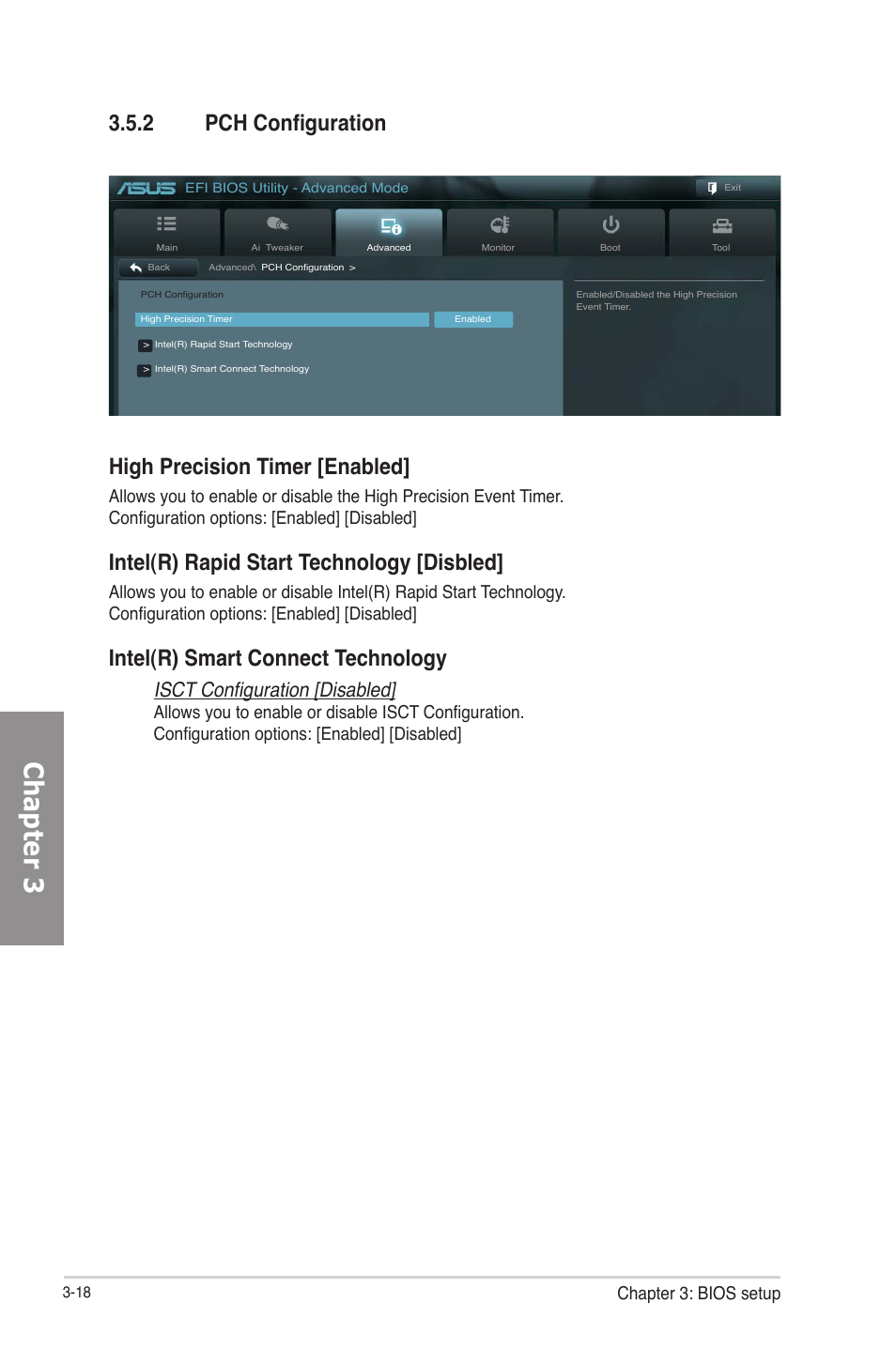 2 pch configuration, Pch configuration -18, Chapter 3 | 2 pch configuration high precision timer [enabled, Intel(r) rapid start technology [disbled, Intel(r) smart connect technology, Isct configuration [disabled, Chapter 3: bios setup | Asus P8Z77-V PRO/THUNDERBOLT User Manual | Page 90 / 164