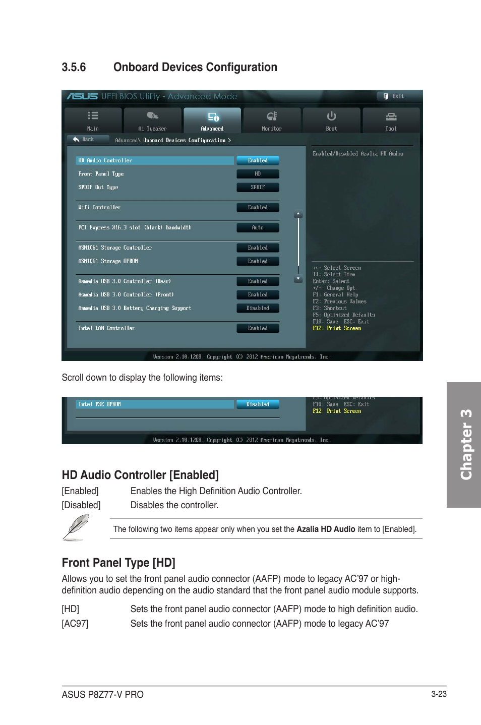 6 onboard devices configuration, Onboard devices configuration -23, Chapter 3 | Front panel type [hd | Asus P8Z77-V PRO/THUNDERBOLT User Manual | Page 95 / 164