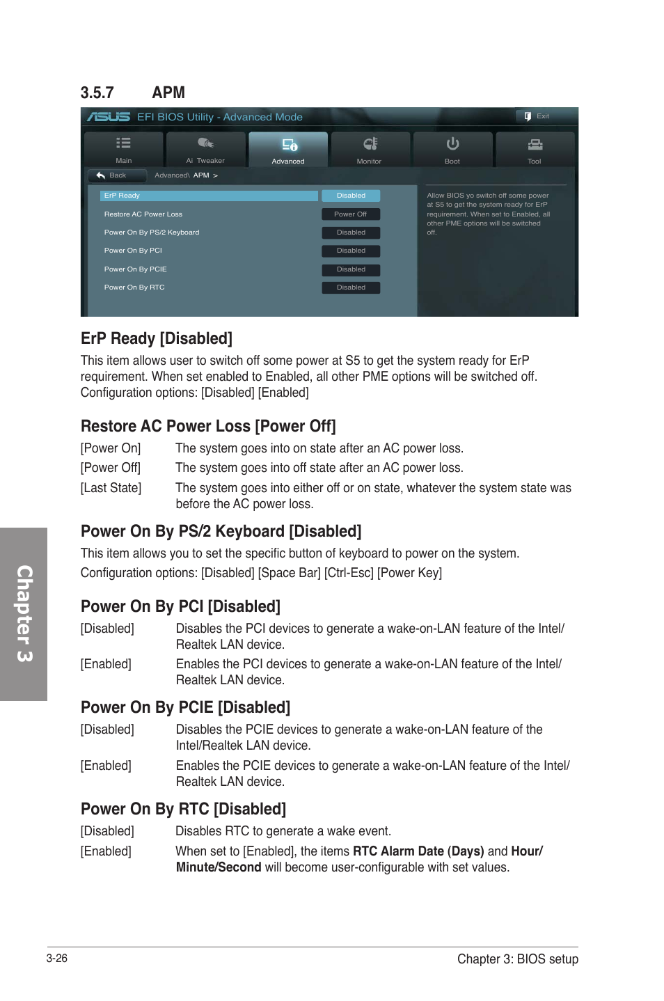 7 apm, Apm -26, Chapter 3 | Erp ready [disabled, Restore ac power loss [power off, Power on by ps/2 keyboard [disabled, Power on by pci [disabled, Power on by pcie [disabled, Power on by rtc [disabled, Chapter 3: bios setup | Asus P8Z77-V PRO/THUNDERBOLT User Manual | Page 98 / 164