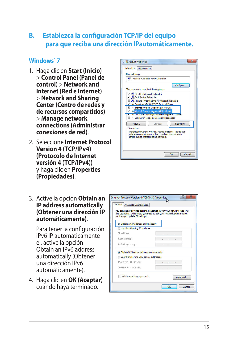 B. establezca la configuración tcp/ip del equipo, Para que reciba una dirección ipautomáticamente | Asus RT-N16 User Manual | Page 15 / 68