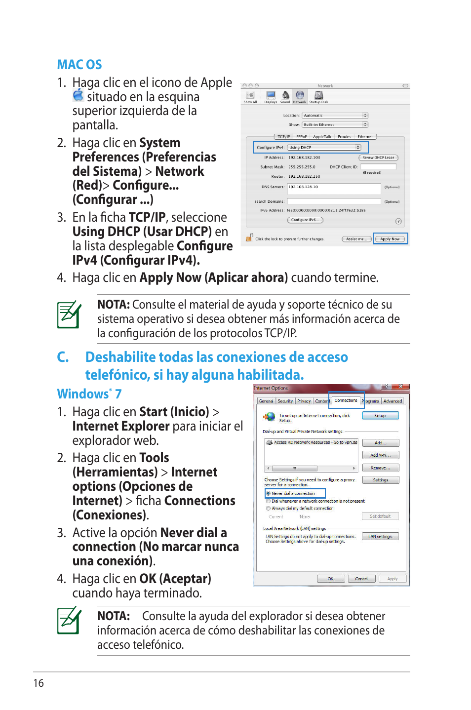 C. deshabilite todas las conexiones de acceso, Telefónico, si hay alguna habilitada | Asus RT-N16 User Manual | Page 16 / 68