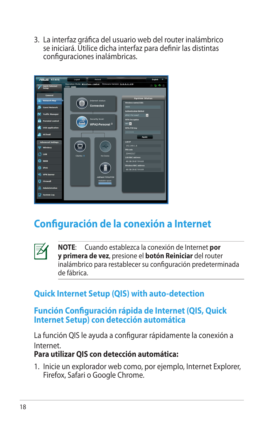 Configuración de la conexión a internet, Quick internet setup (qis) with auto-detection | Asus RT-N16 User Manual | Page 18 / 68