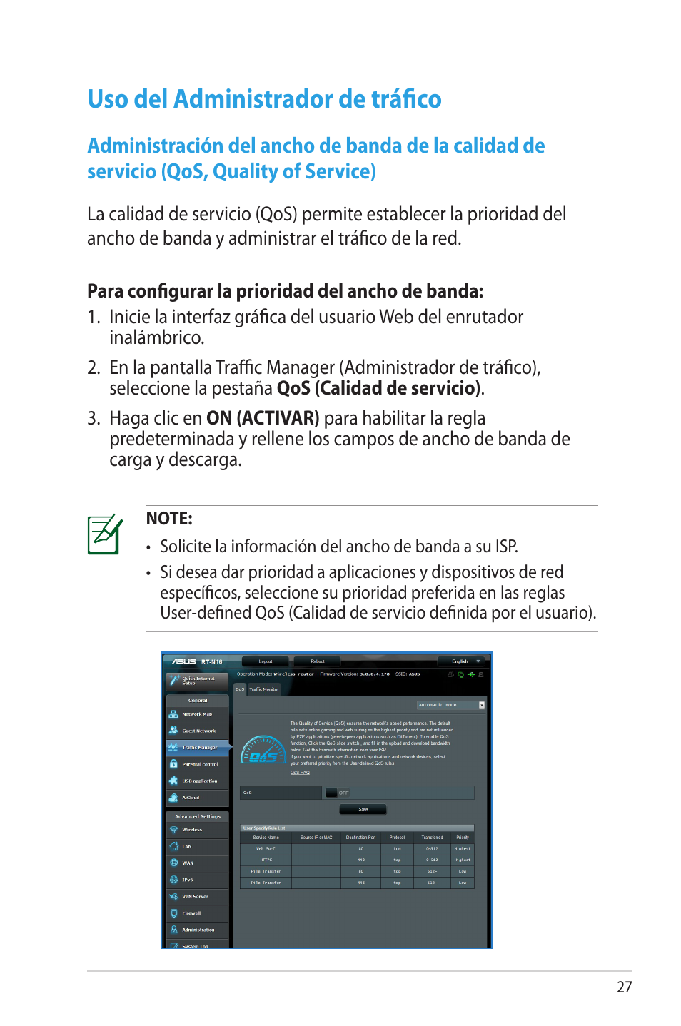 Uso del administrador de tráfico | Asus RT-N16 User Manual | Page 27 / 68