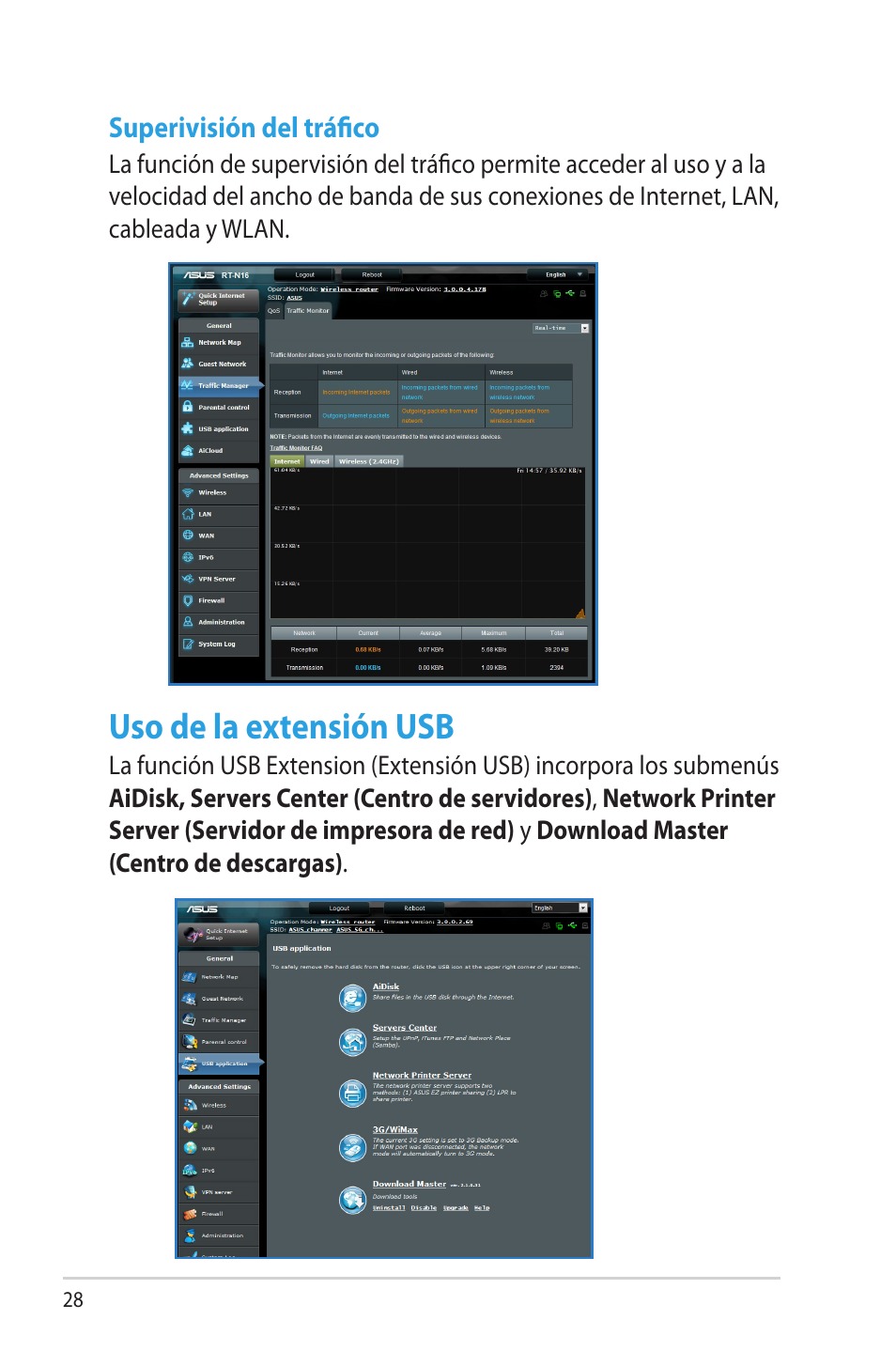 Superivisión del tráfico, Uso de la extensión usb | Asus RT-N16 User Manual | Page 28 / 68