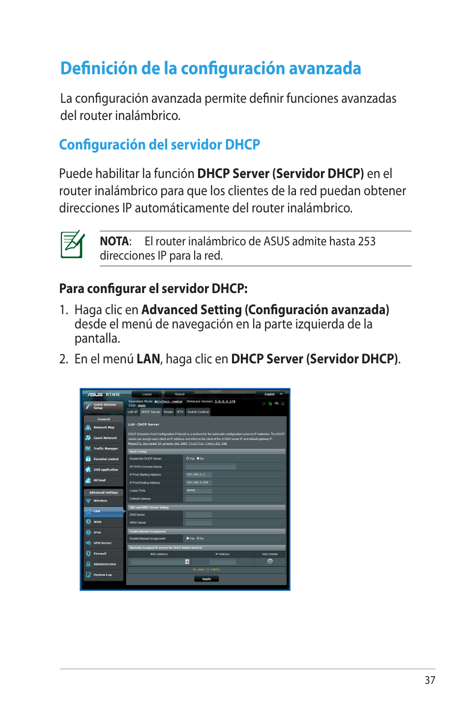 Definición de la configuración avanzada, Configuración del servidor dhcp | Asus RT-N16 User Manual | Page 37 / 68