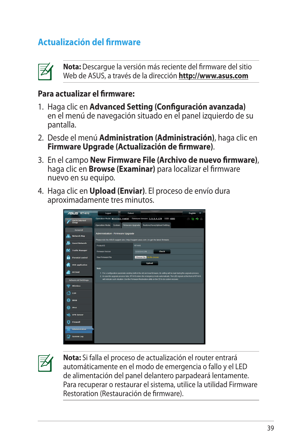 Actualización del firmware | Asus RT-N16 User Manual | Page 39 / 68