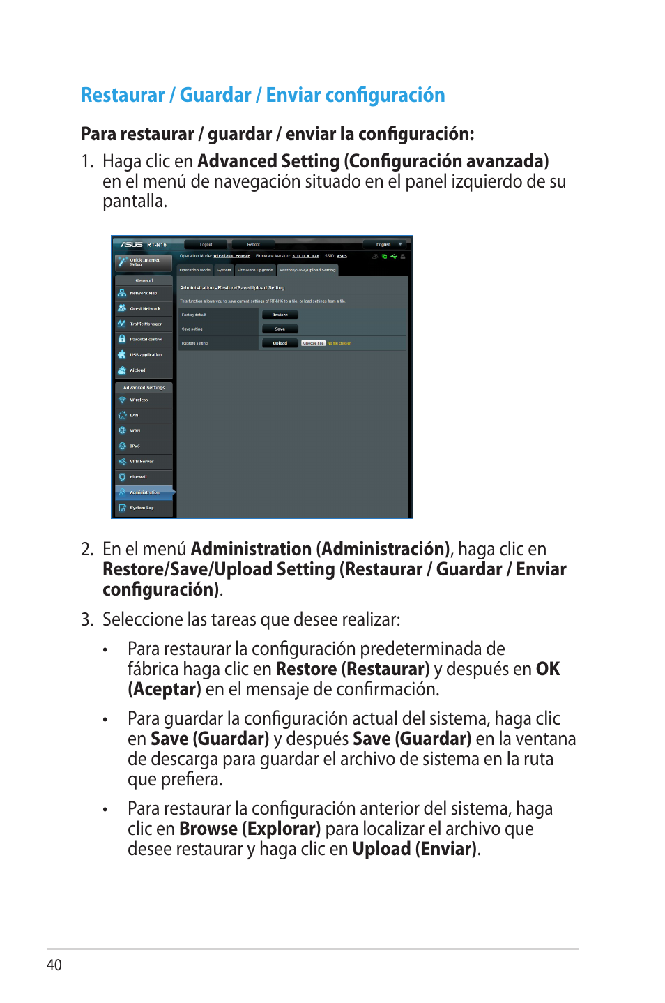 Restaurar / guardar / enviar configuración | Asus RT-N16 User Manual | Page 40 / 68