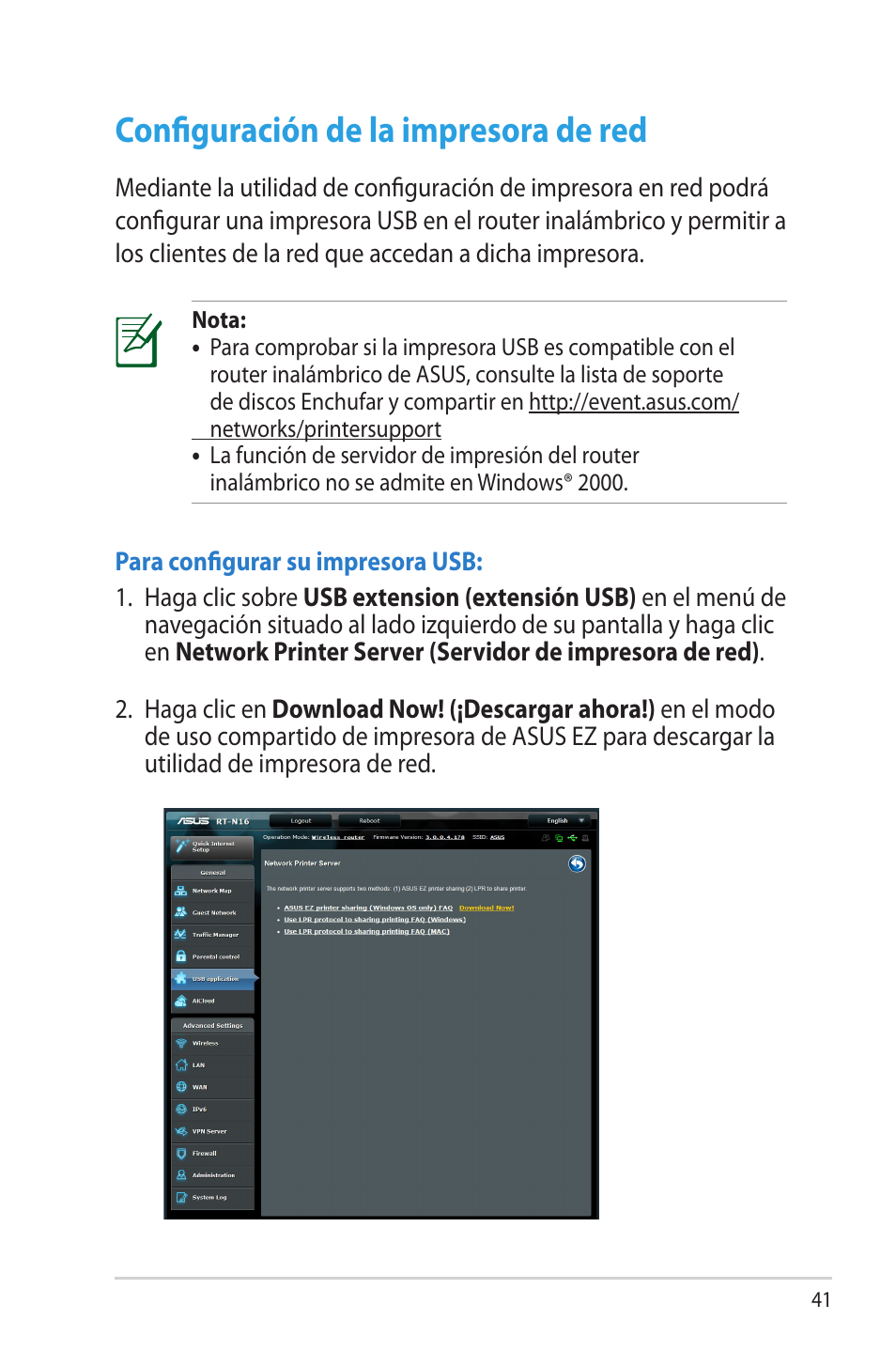 Configuración de la impresora de red | Asus RT-N16 User Manual | Page 41 / 68