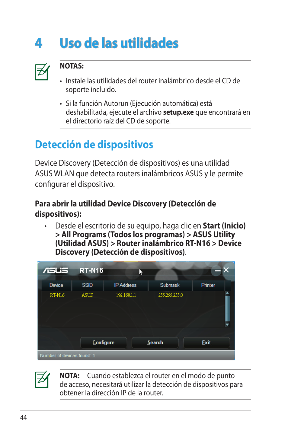 4 uso de las utilidades, Detección de dispositivos | Asus RT-N16 User Manual | Page 44 / 68