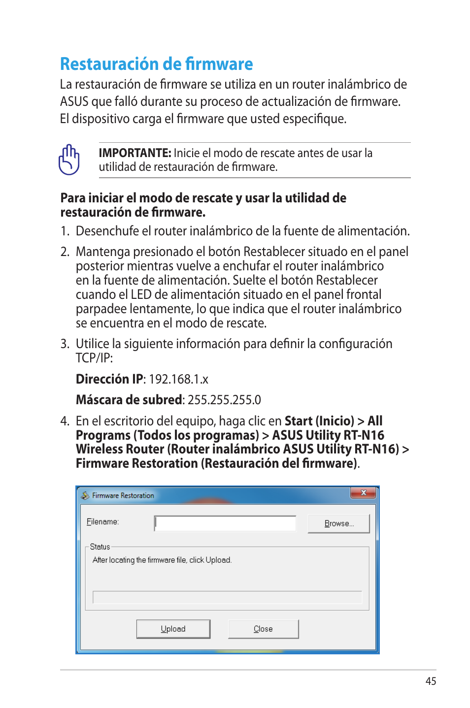 Restauración de firmware | Asus RT-N16 User Manual | Page 45 / 68