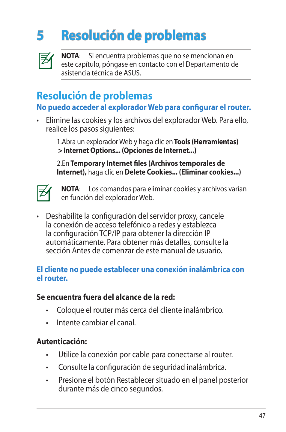 5 resolución de problemas, Resolución de problemas | Asus RT-N16 User Manual | Page 47 / 68