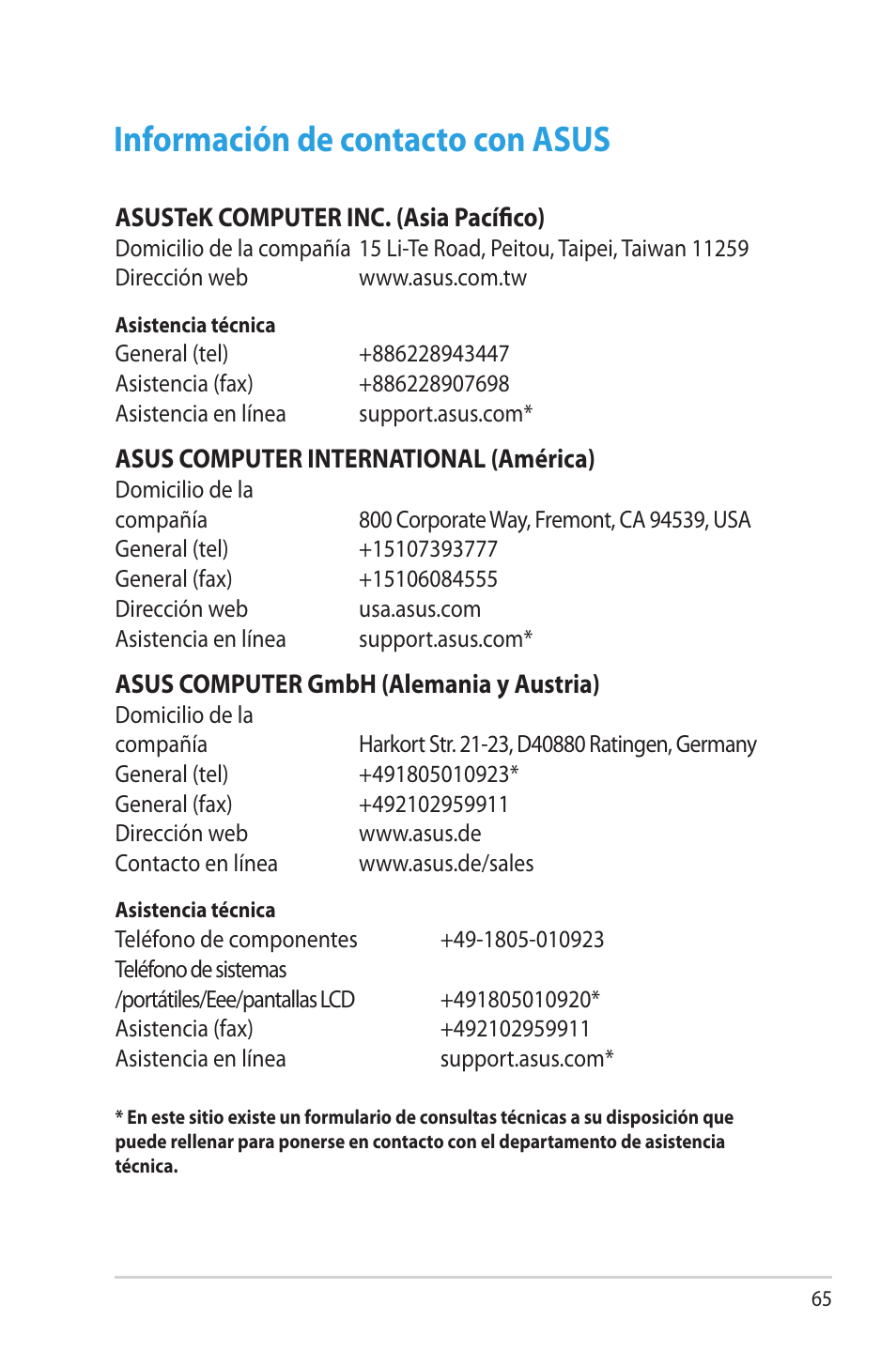 Información de contacto con asus | Asus RT-N16 User Manual | Page 65 / 68