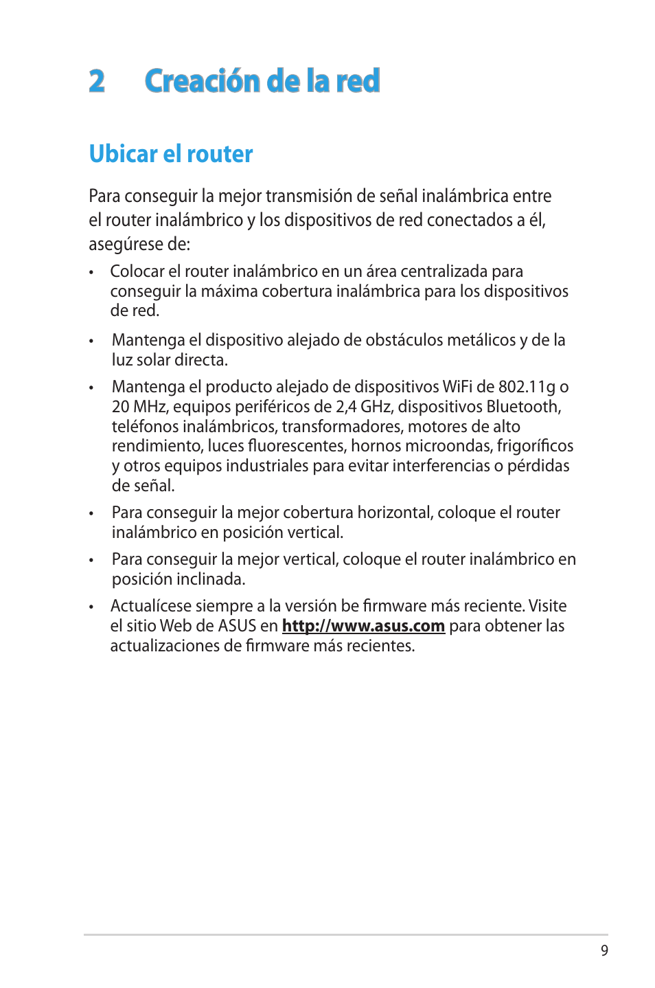 2 creación de la red, Ubicar el router | Asus RT-N16 User Manual | Page 9 / 68