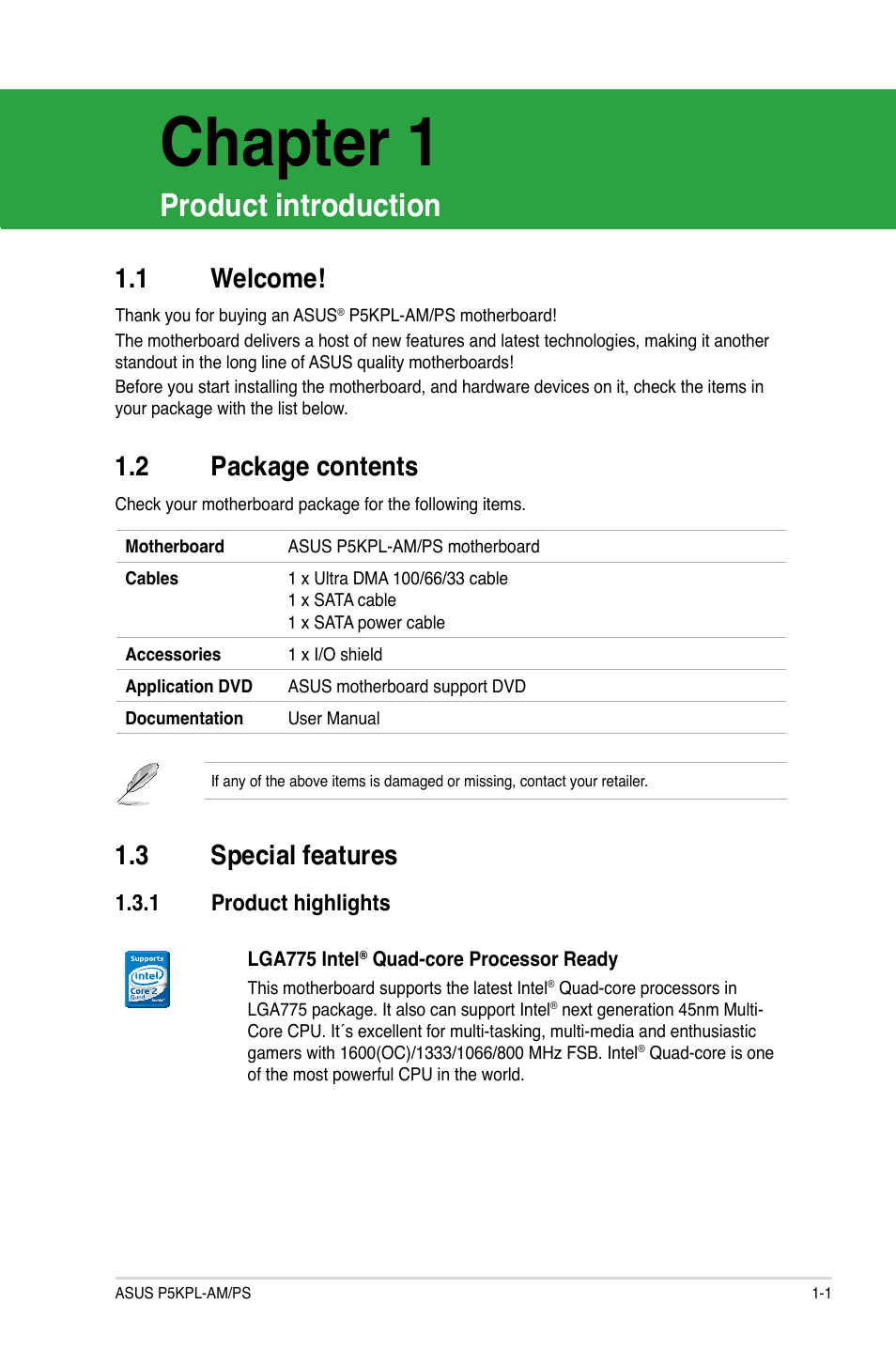 Chapter 1, Product introduction, 1 welcome | 2 package contents, 3 special features | Asus P5KPL-AM/PS User Manual | Page 11 / 62