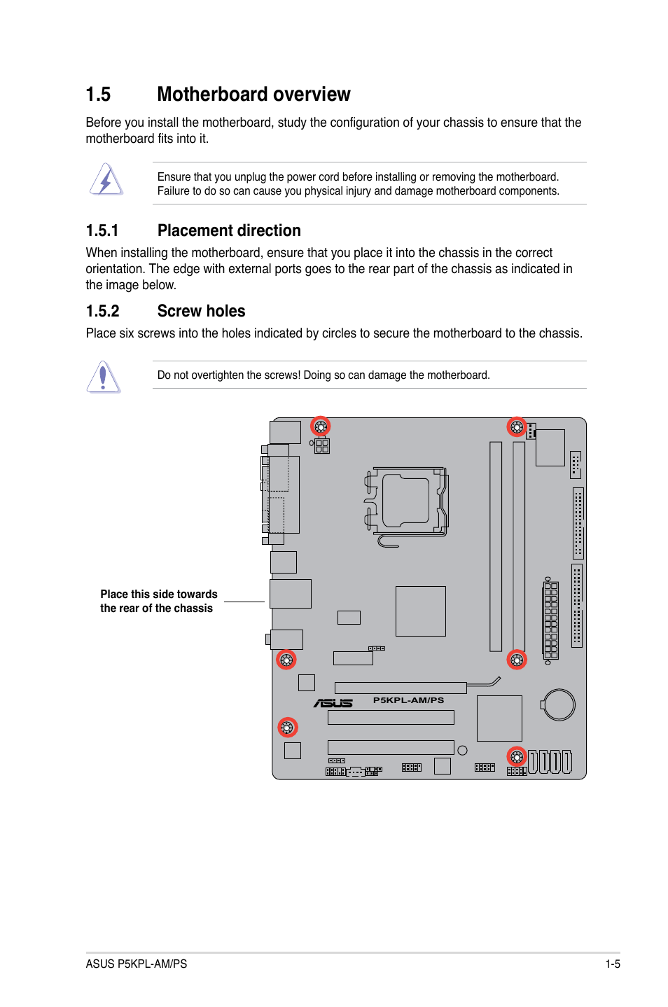 5 motherboard overview, 1 placement direction, 2 screw holes | Asus P5KPL-AM/PS User Manual | Page 15 / 62