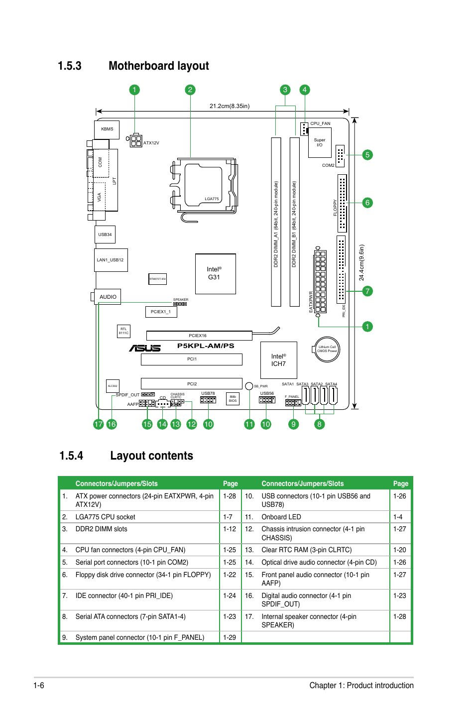 3 motherboard layout, 4 layout contents, 6 chapter 1: product introduction | Asus P5KPL-AM/PS User Manual | Page 16 / 62