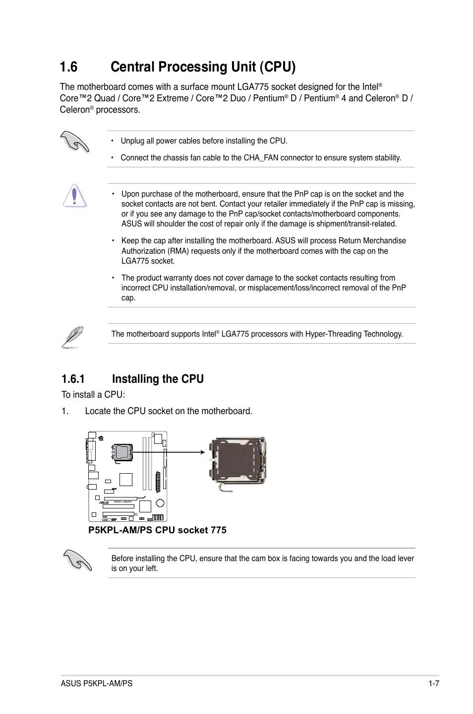 6 central processing unit (cpu), 1 installing the cpu | Asus P5KPL-AM/PS User Manual | Page 17 / 62