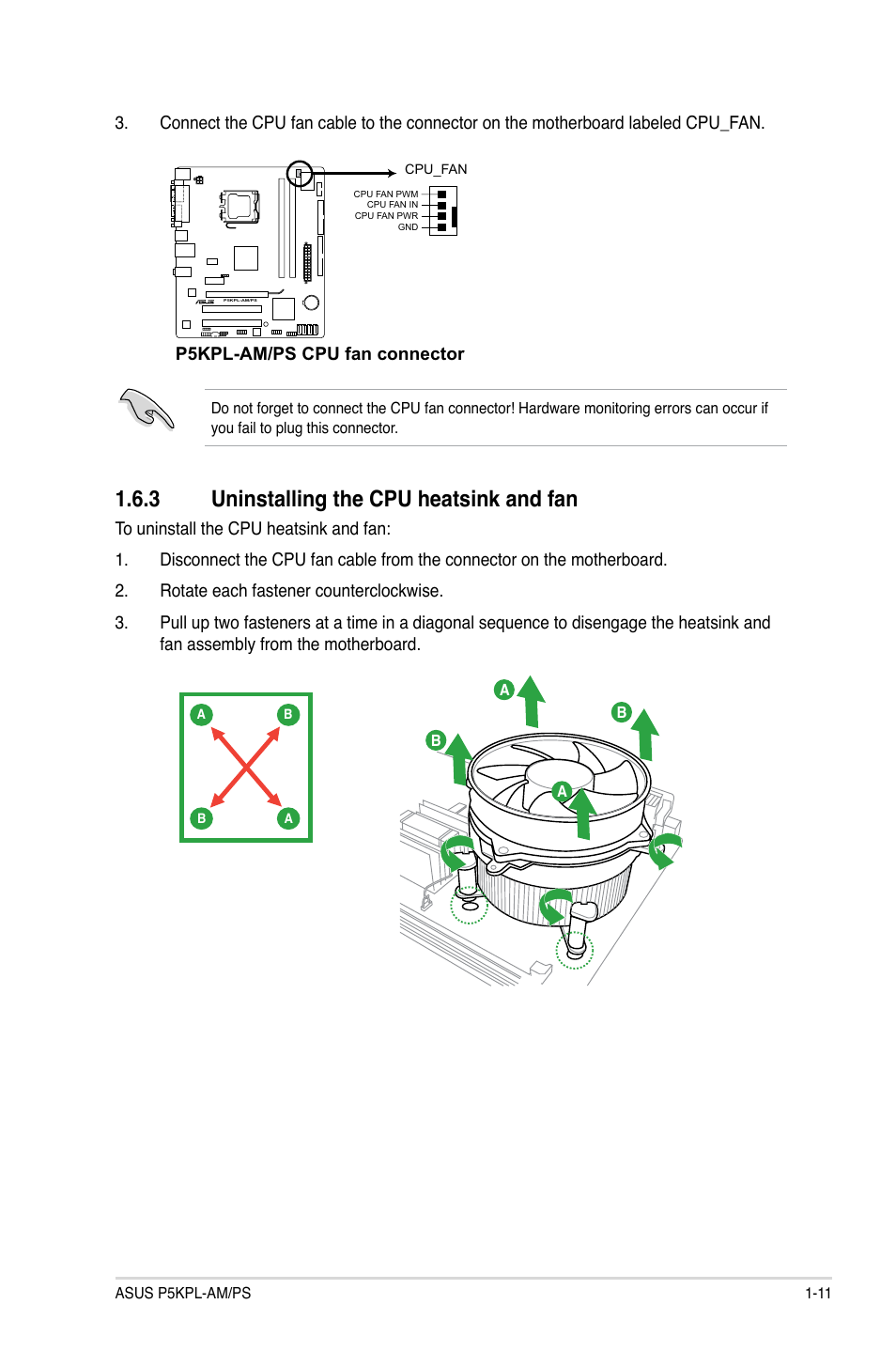 3 uninstalling the cpu heatsink and fan | Asus P5KPL-AM/PS User Manual | Page 21 / 62