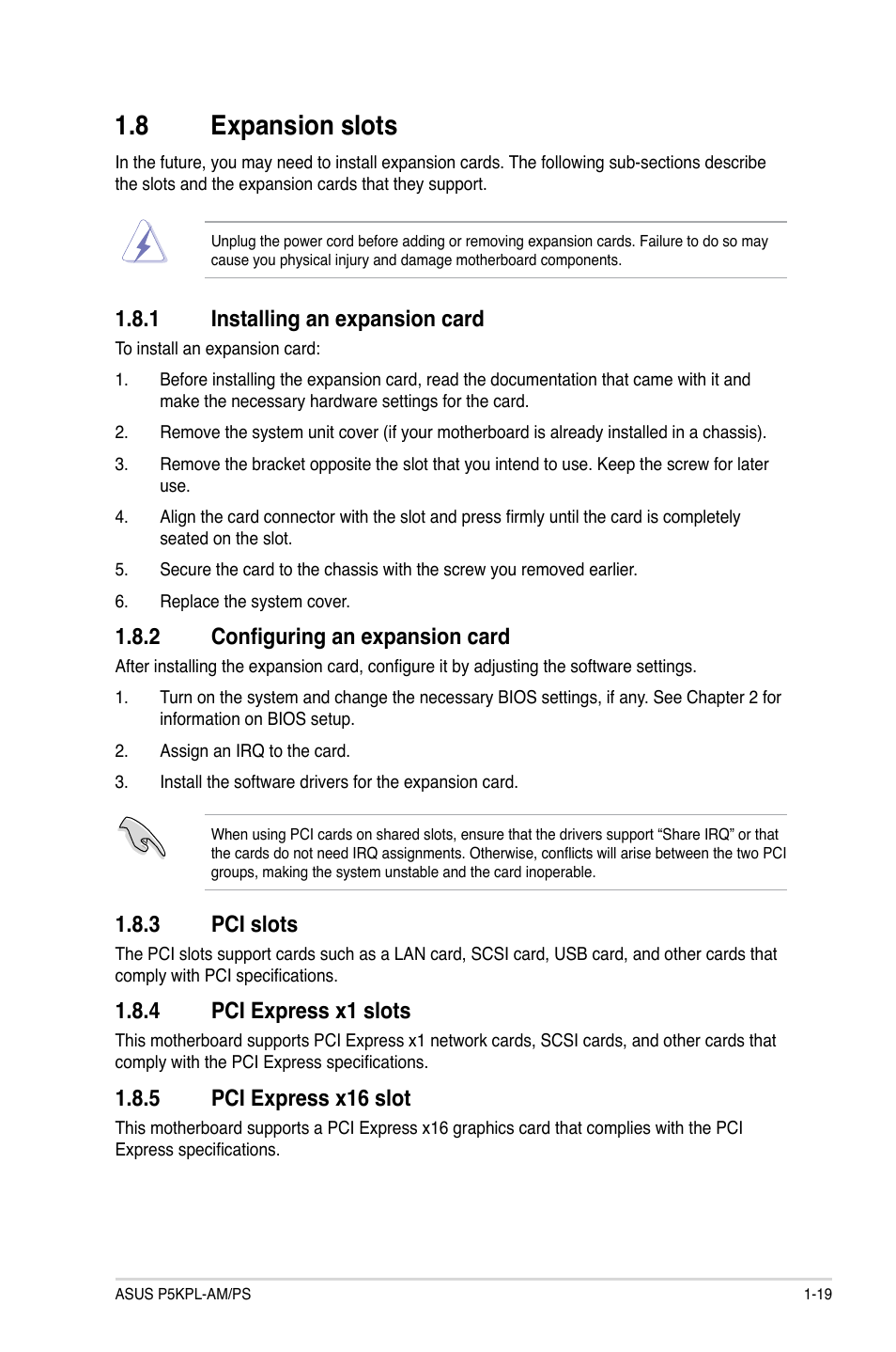 8 expansion slots, 1 installing an expansion card, 2 configuring an expansion card | 3 pci slots, 4 pci express x1 slots, 5 pci express x16 slot | Asus P5KPL-AM/PS User Manual | Page 29 / 62