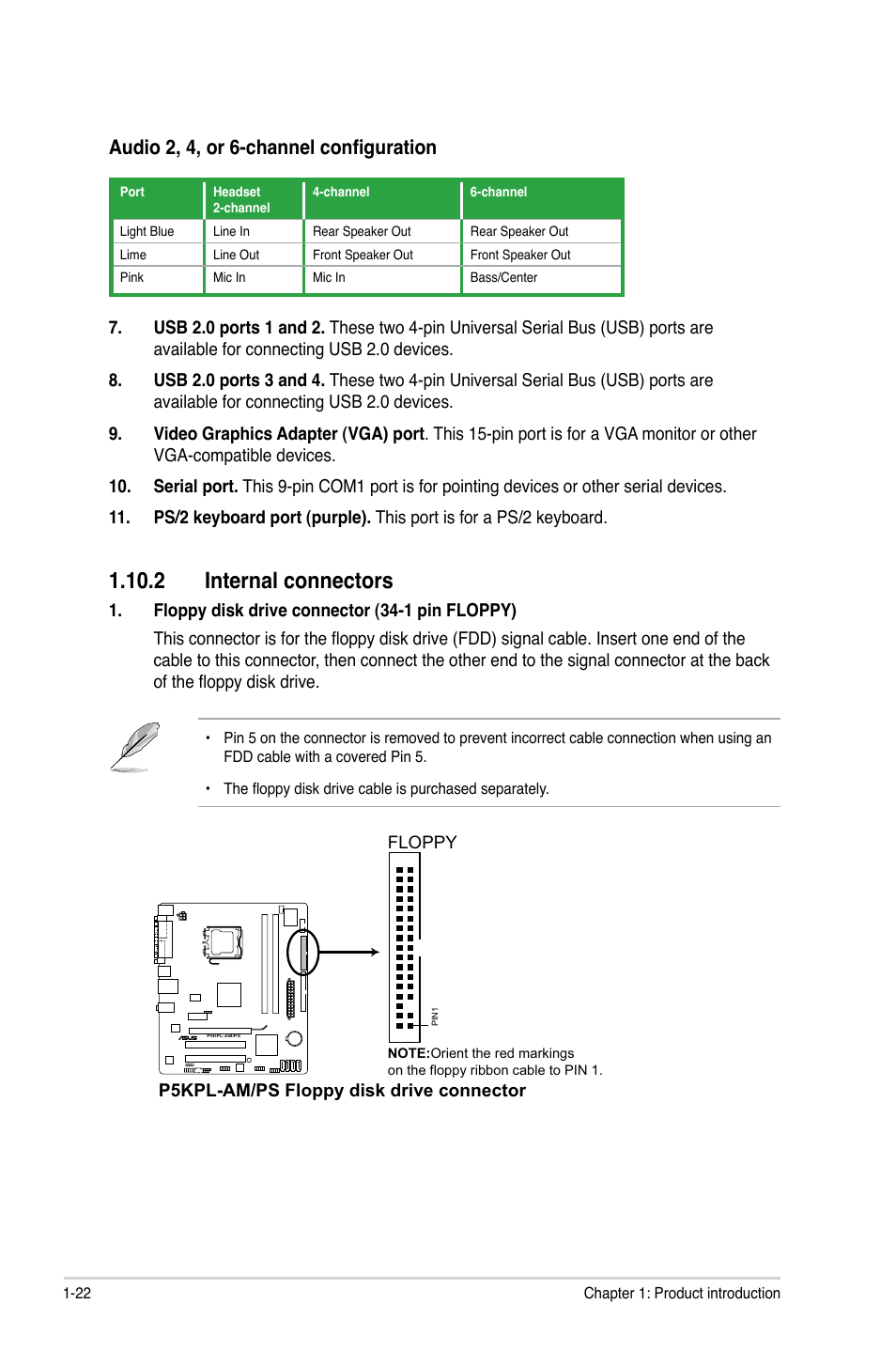 2 internal connectors, Audio 2, 4, or 6-channel configuration | Asus P5KPL-AM/PS User Manual | Page 32 / 62