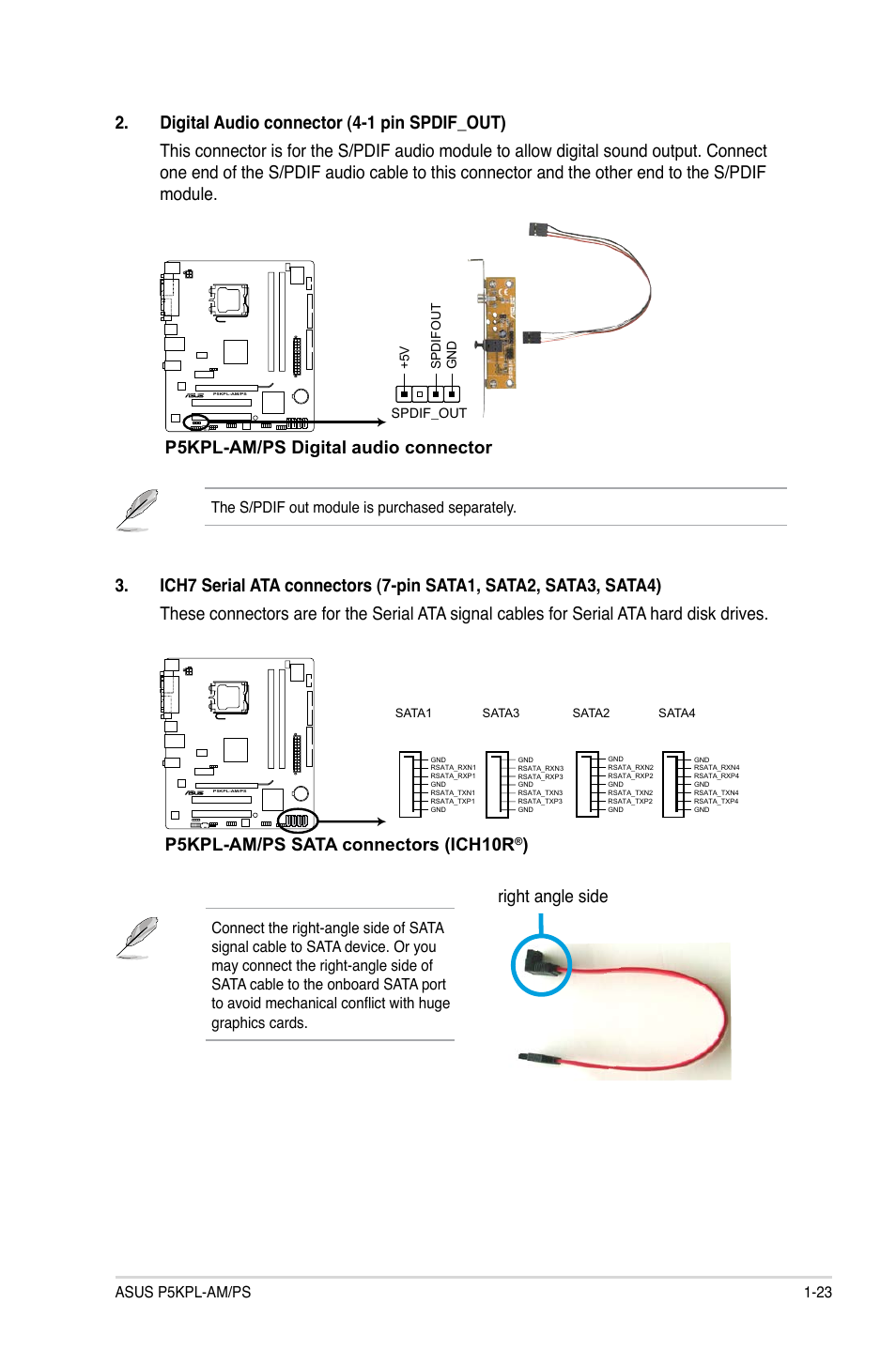 Right angle side, P5kpl-am/ps sata connectors (ich10r | Asus P5KPL-AM/PS User Manual | Page 33 / 62