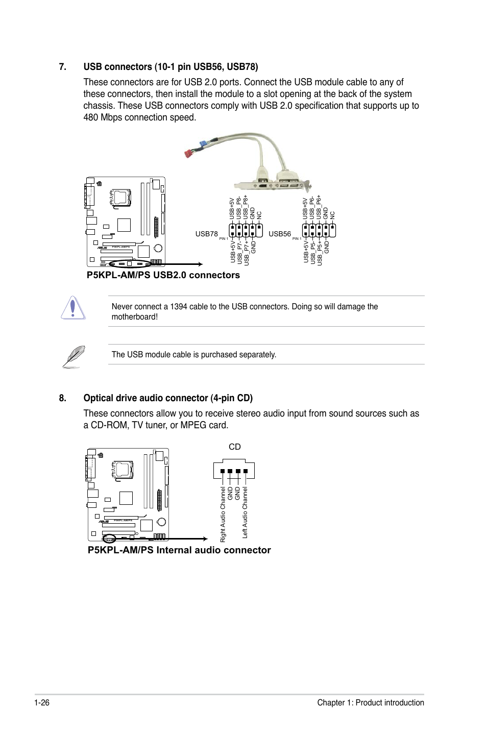 P5kpl-am/ps internal audio connector, P5kpl-am/ps usb2.0 connectors | Asus P5KPL-AM/PS User Manual | Page 36 / 62