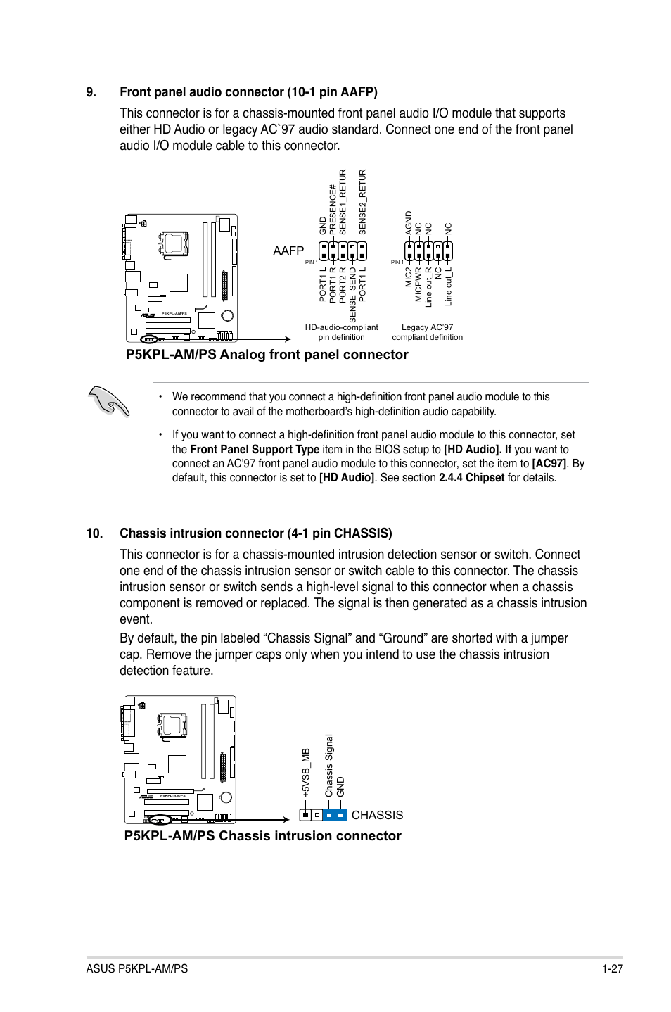 P5kpl-am/ps analog front panel connector, P5kpl-am/ps chassis intrusion connector | Asus P5KPL-AM/PS User Manual | Page 37 / 62