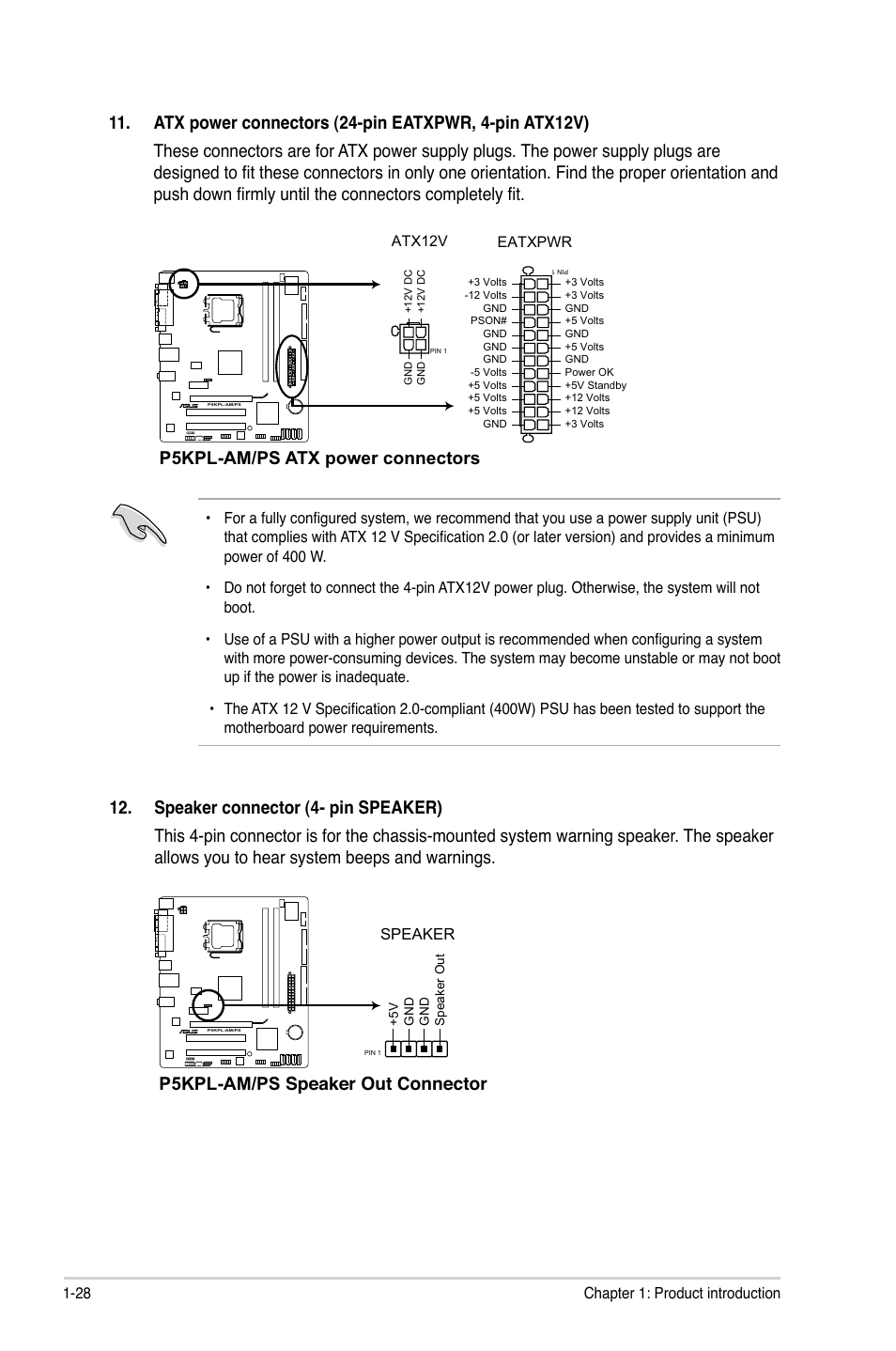 P5kpl-am/ps atx power connectors, P5kpl-am/ps speaker out connector | Asus P5KPL-AM/PS User Manual | Page 38 / 62