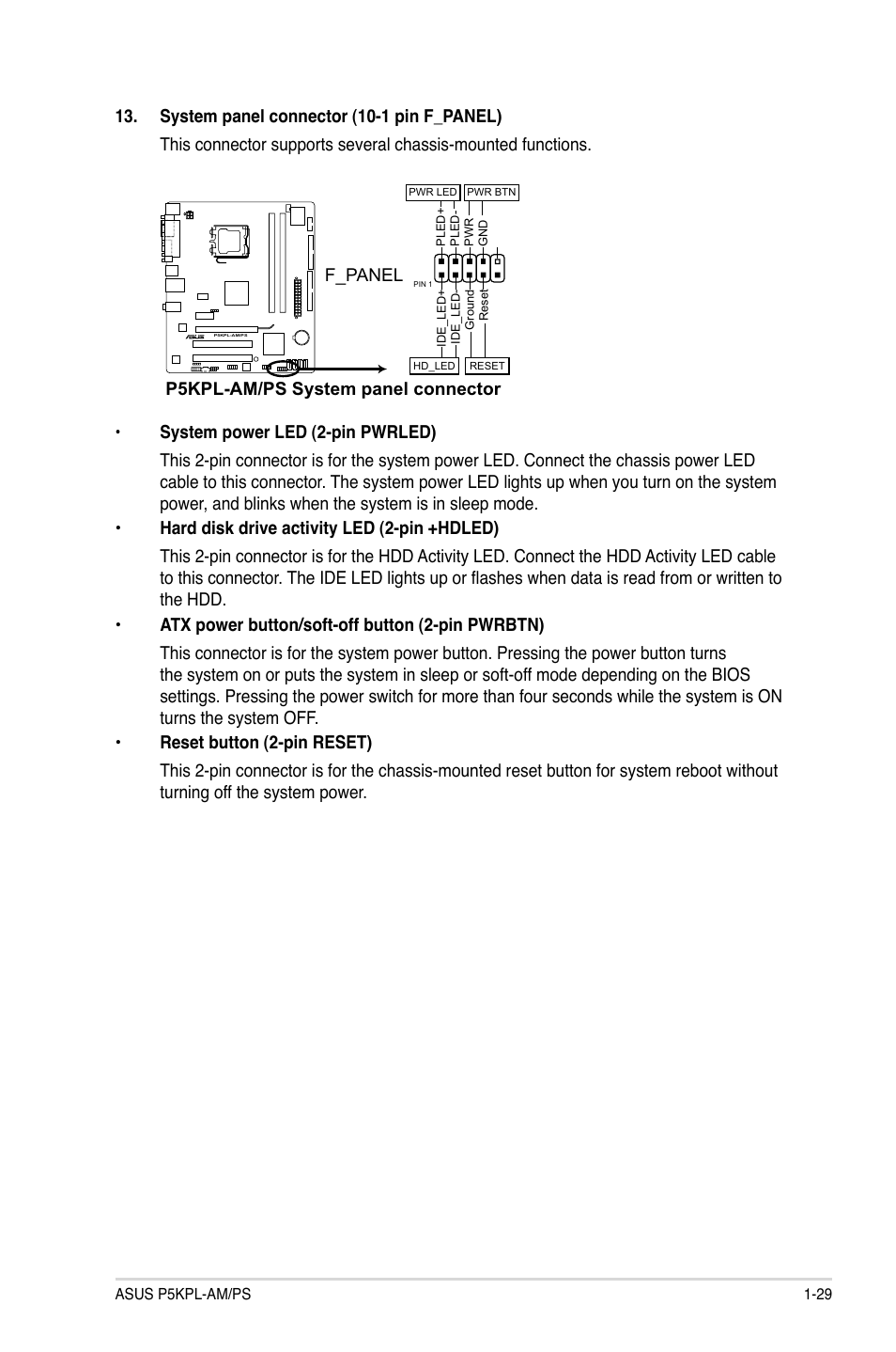 P5kpl-am/ps system panel connector, F_panel | Asus P5KPL-AM/PS User Manual | Page 39 / 62