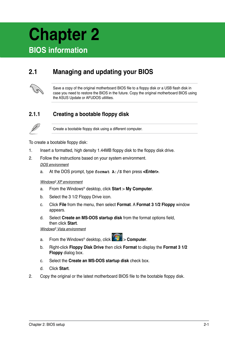 Chapter 2, Bios information, 1 managing and updating your bios | 1 creating a bootable floppy disk | Asus P5KPL-AM/PS User Manual | Page 41 / 62